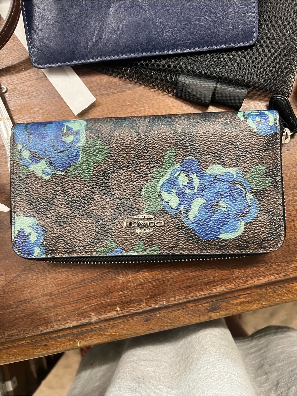 Coach Brown Signature Canvas Wallet Trio with Blue Floral Print - 3 piece set! - Picture 2 of 12